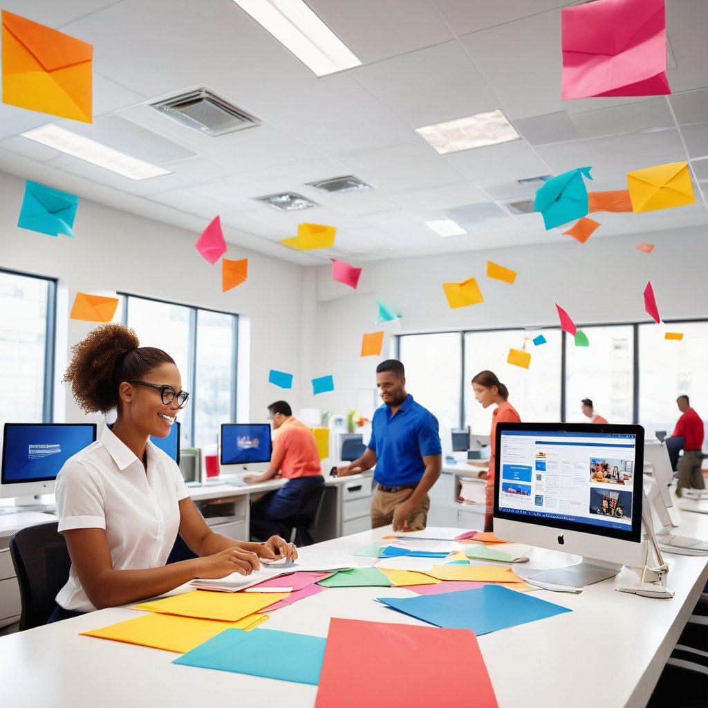 A dynamic scene showcasing a diverse team of professionals working in a vibrant mailing service office, surrounded by colorful envelopes flying around, and digital screens displaying exciting job opportunities. The atmosphere should exude energy and collaboration, with elements like a globe, modern technology, and a bulletin board highlighting various careers in the mailing industry. Bright, uplifting colors to capture the spirit of potential and opportunity. super-realistic. vibrant colors. white background.