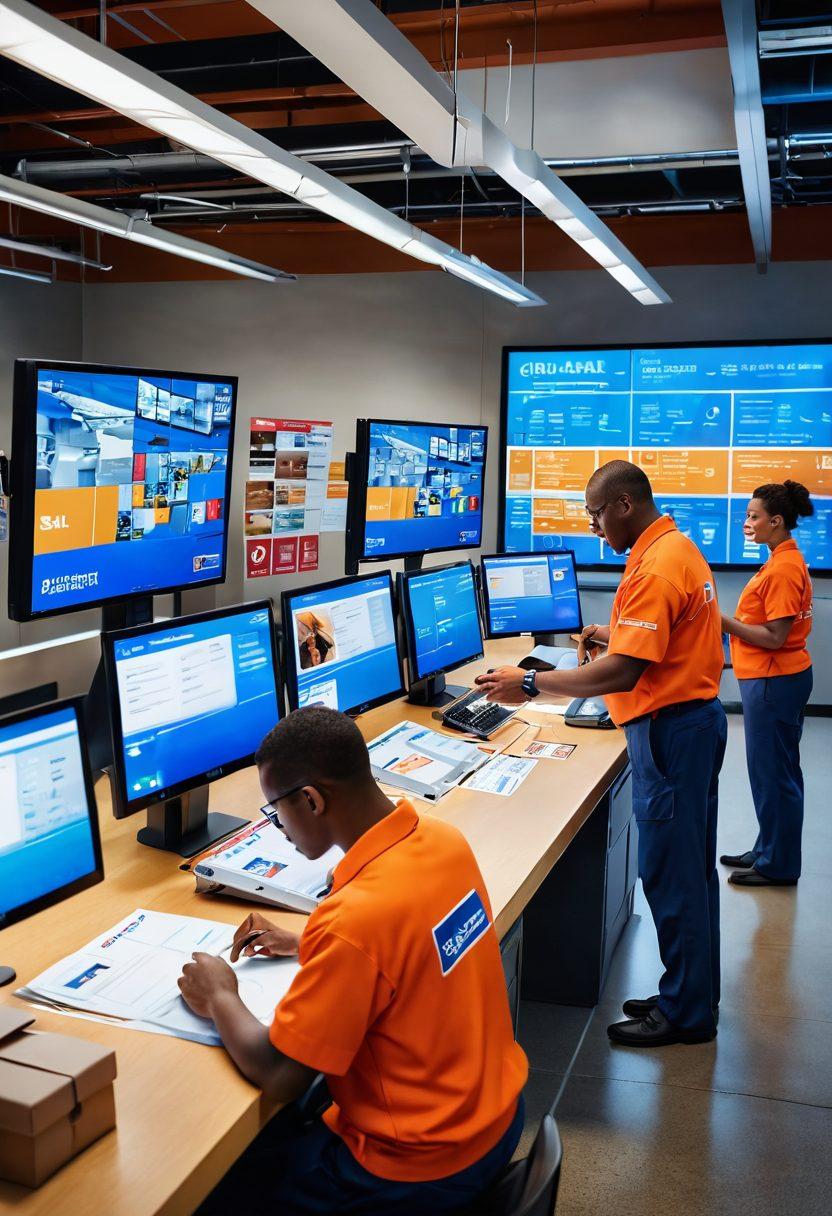 A dynamic scene depicting diverse postal service workers engaging with technology and customers in a modern postal office. Include a postal worker scanning packages, another assisting a customer, and digital screens displaying career paths and opportunities. The background features images of mail trucks and a globe symbolizing global logistics, infused with vibrant colors to represent excitement and diversity in careers. super-realistic. vibrant colors. 3D.