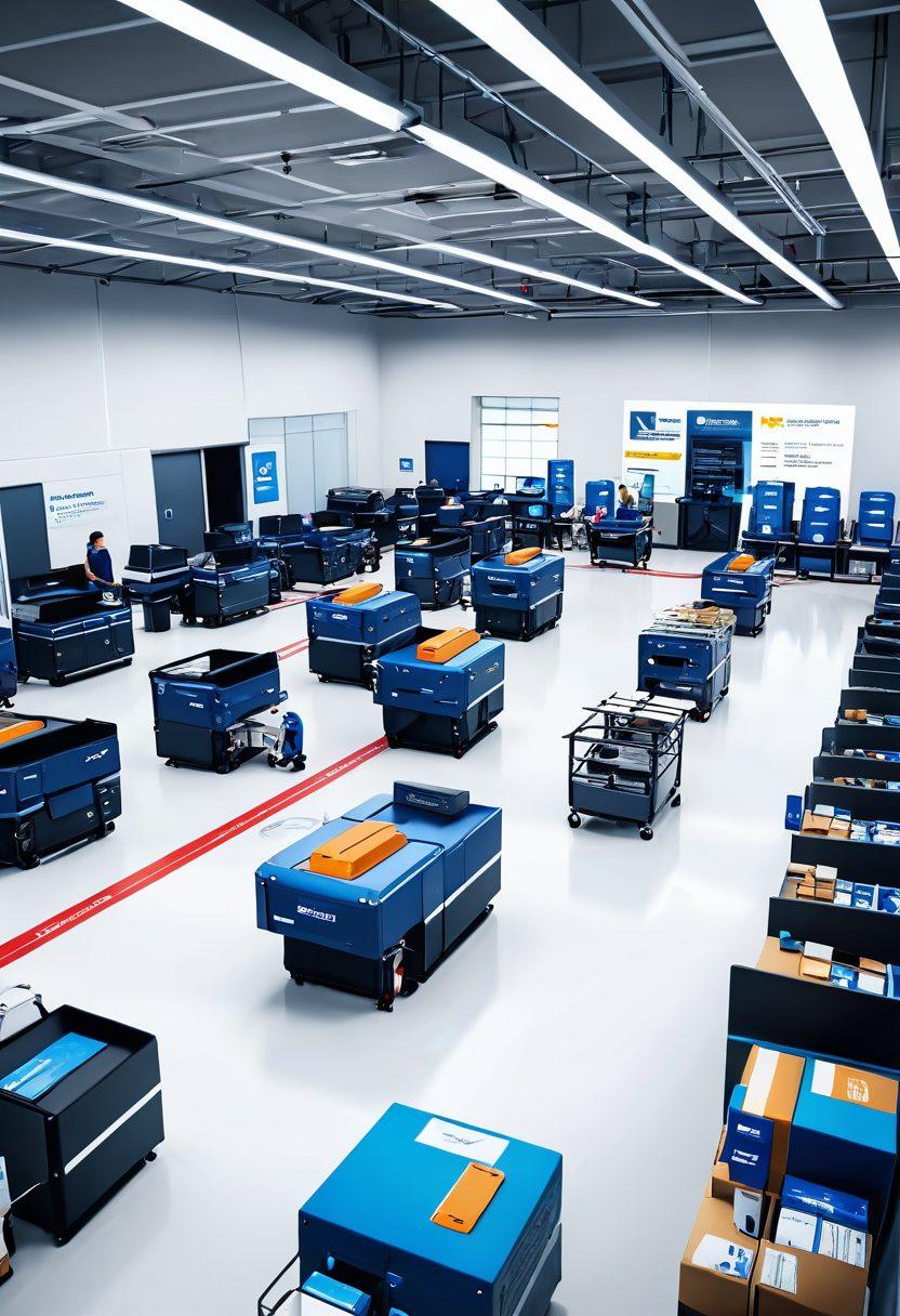 A futuristic postal service facility bustling with drone deliveries, robotic sorting machines and diverse workers engaging in high-tech tasks. The scene features advanced postal vehicles and a digital display showcasing job opportunities in the sector. Bright, optimistic colors with an emphasis on innovation and growth. super-realistic. vibrant colors. white background.